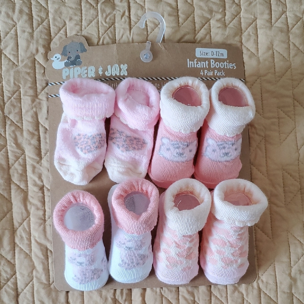 Pink and White Infant Booties - 4 Pair Pack